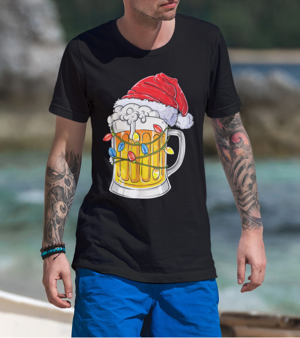 Beer Mug With Santa Hat And Christmas Lights T-Shirt