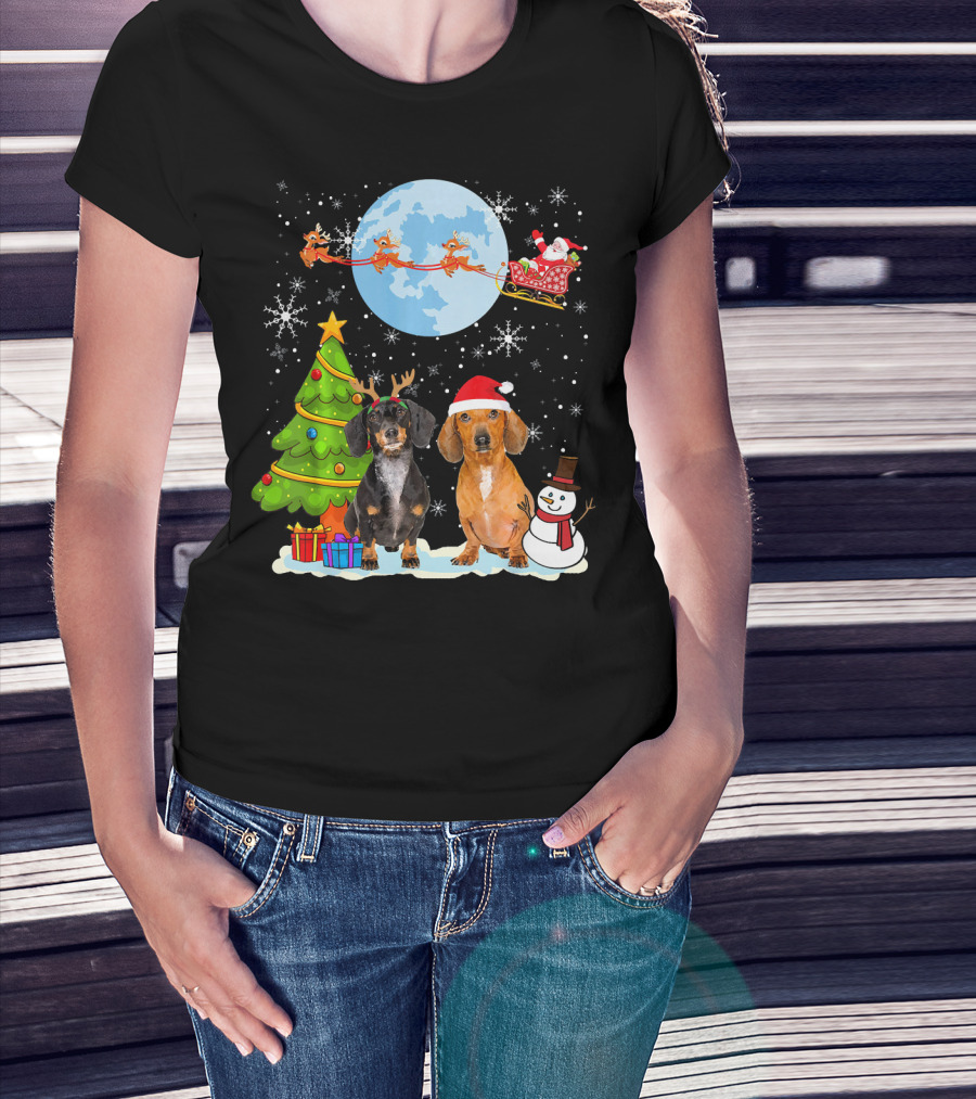 Funny Dachshund Christmas Santa Moon Reindeers Tree Snowman T-Shirt