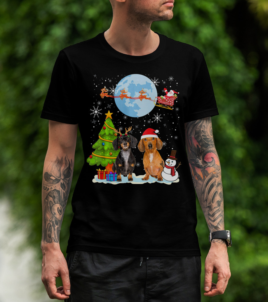 Funny Dachshund Christmas Santa Moon Reindeers Tree Snowman T-Shirt