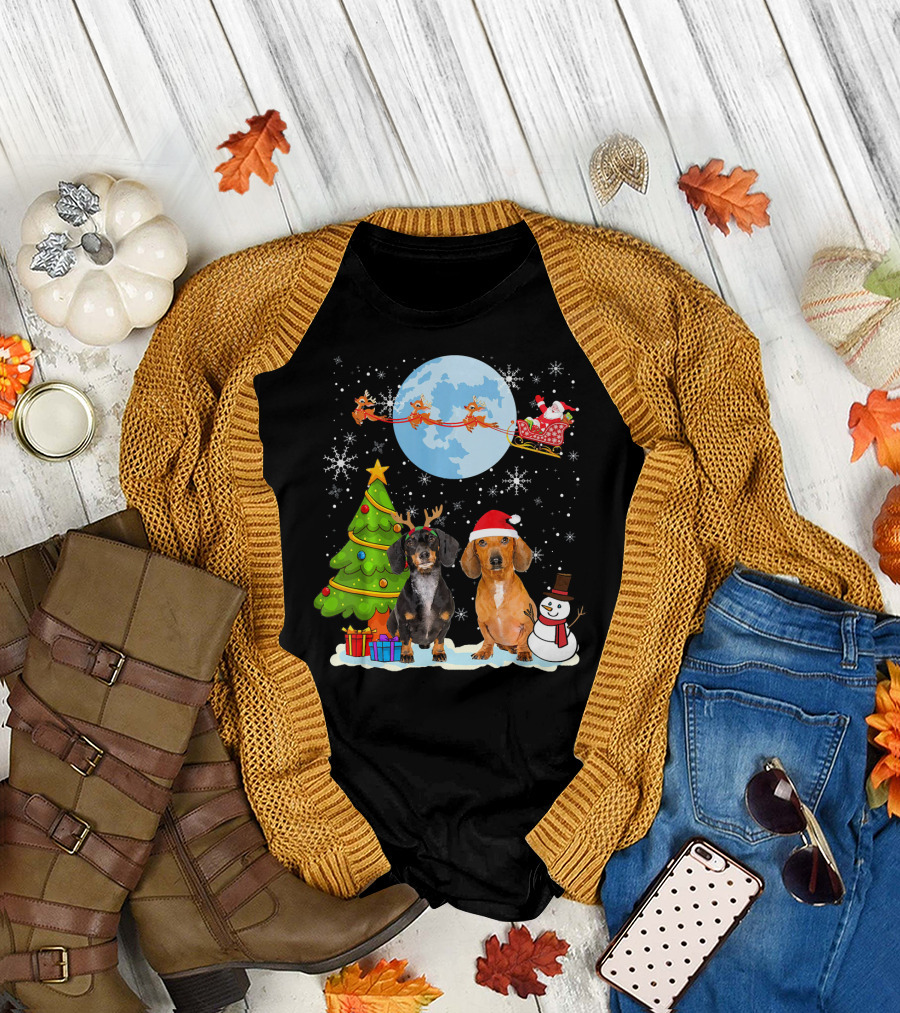 Funny Dachshund Christmas Santa Moon Reindeers Tree Snowman T-Shirt
