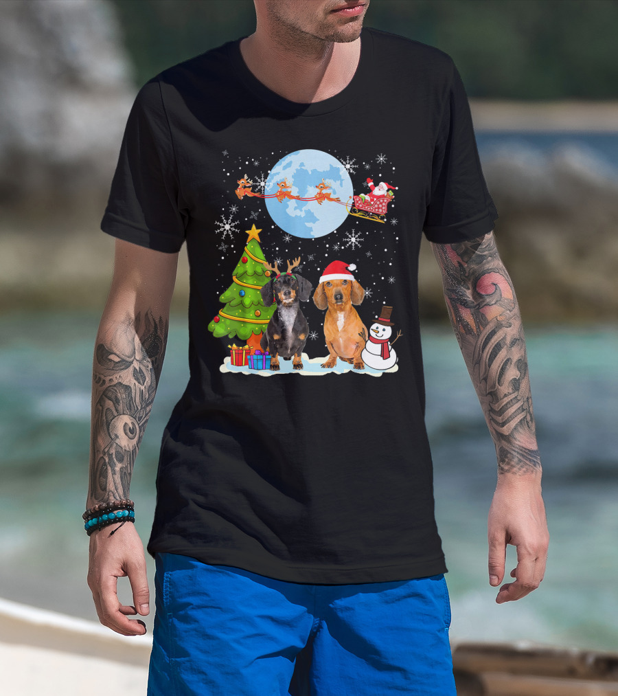 Funny Dachshund Christmas Santa Moon Reindeers Tree Snowman T-Shirt