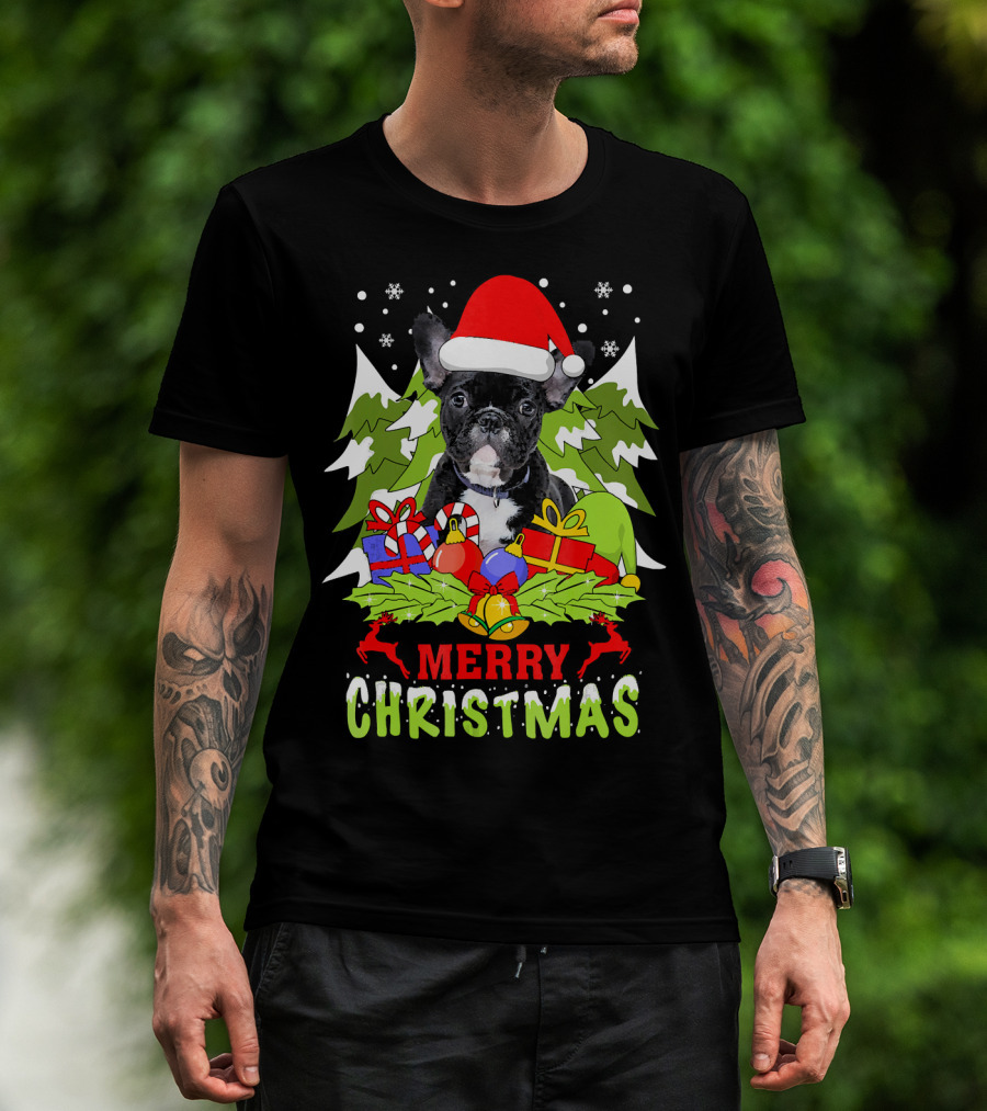 Merry Christmas French Bulldog Santa Hat Gifts Snowflakes T-Shirt