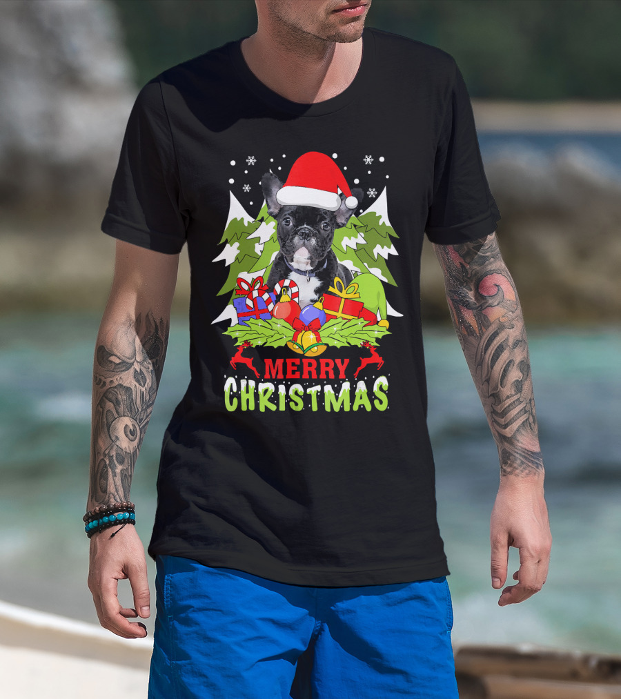 Merry Christmas French Bulldog Santa Hat Gifts Snowflakes T-Shirt