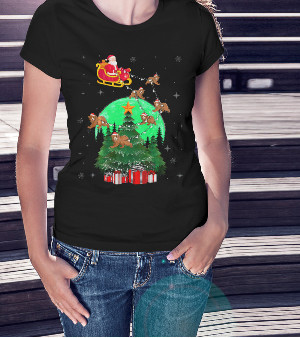 Santa Claus With Bears And Sleigh Over Christmas Tree And Presents T-Shirt
