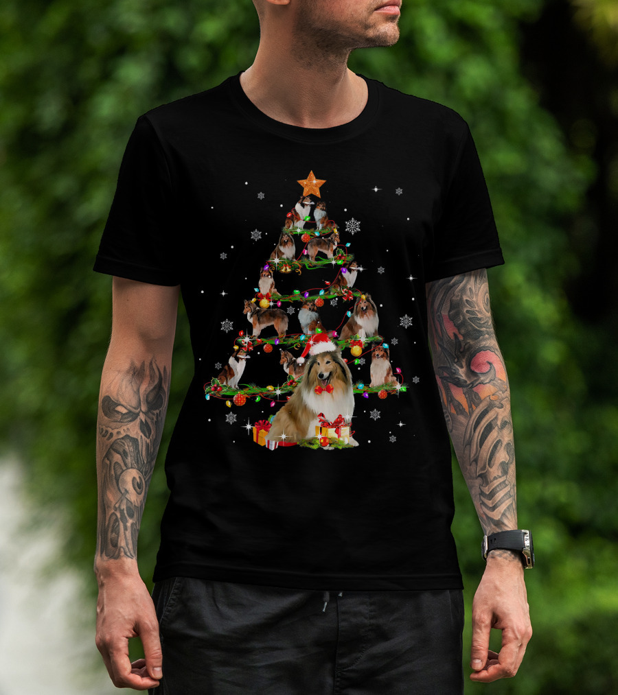 Rough Collie Christmas Tree With Santa Hat And Gifts T-Shirt