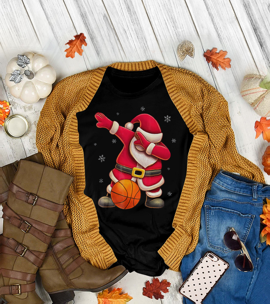 Basketball Santa Dabbing with Hoops and Snowflakes T-Shirt
