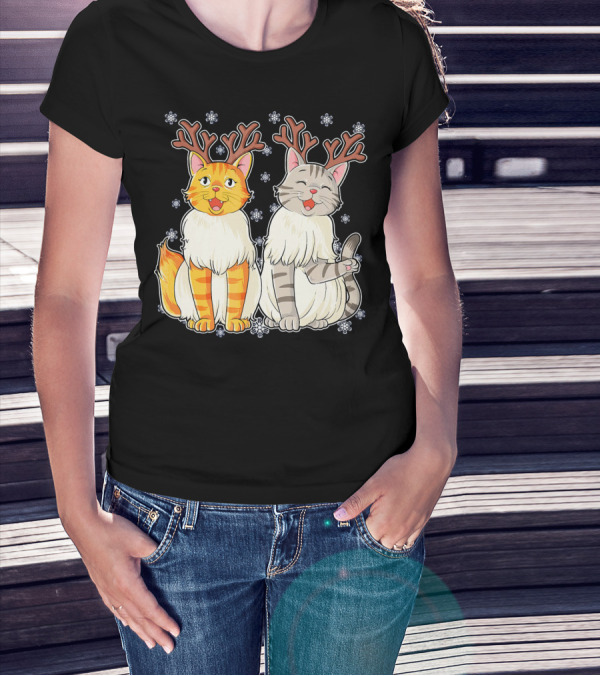 Funny Christmas Cat Reindeer With Snowflakes T-Shirt