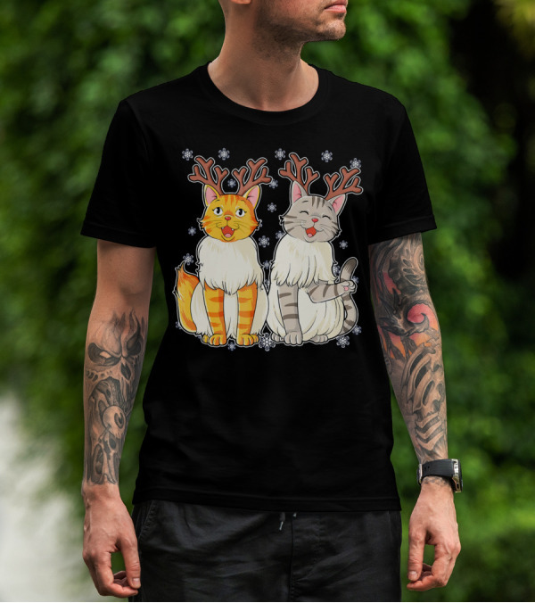 Funny Christmas Cat Reindeer With Snowflakes T-Shirt