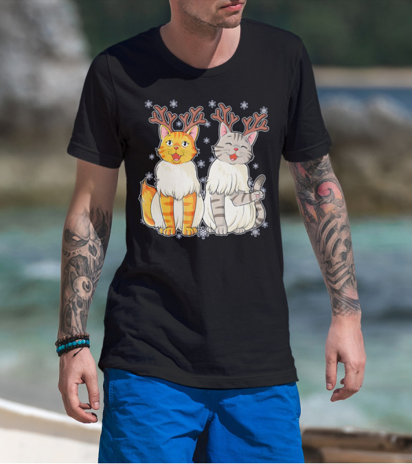 Funny Christmas Cat Reindeer With Snowflakes T-Shirt