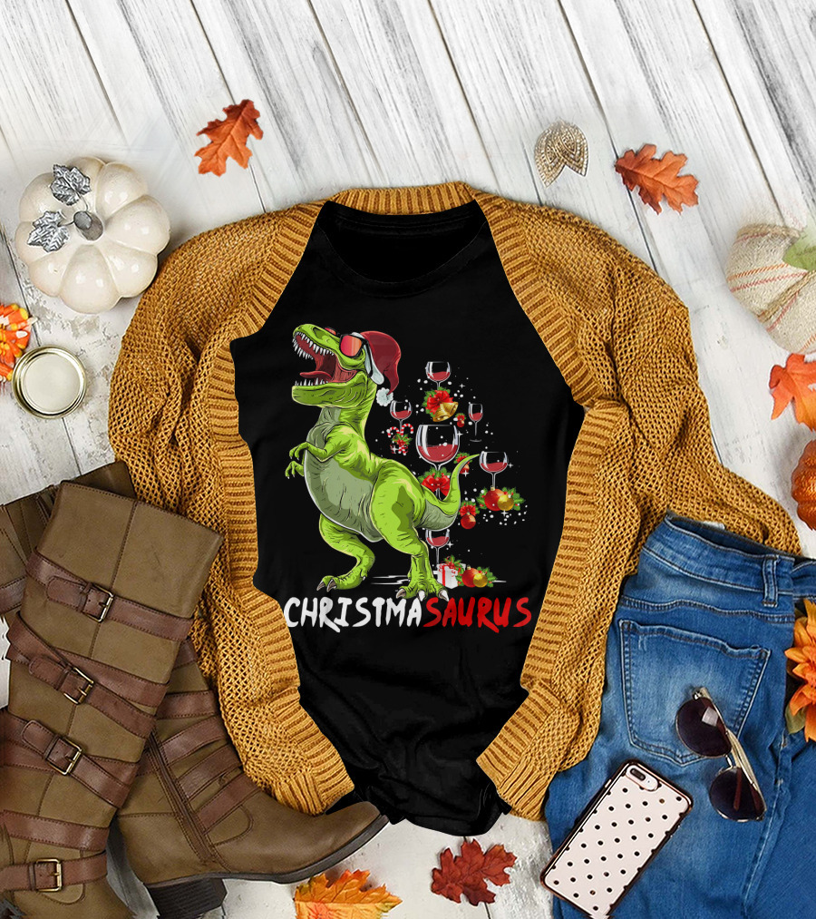 Christmasaurus T-Rex Santa Hat Wine Ornaments T-Shirt