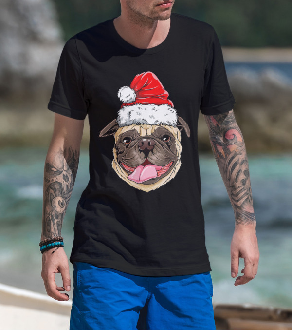 Pug Santa Christmas Hat Joyful Expression T-Shirt