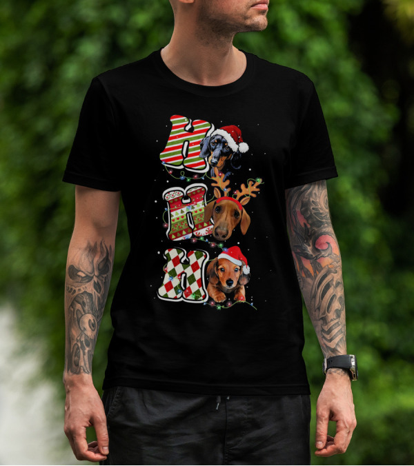 Dachshund Ho Ho Ho Christmas Reindeer Lights Santa Hat T-Shirt
