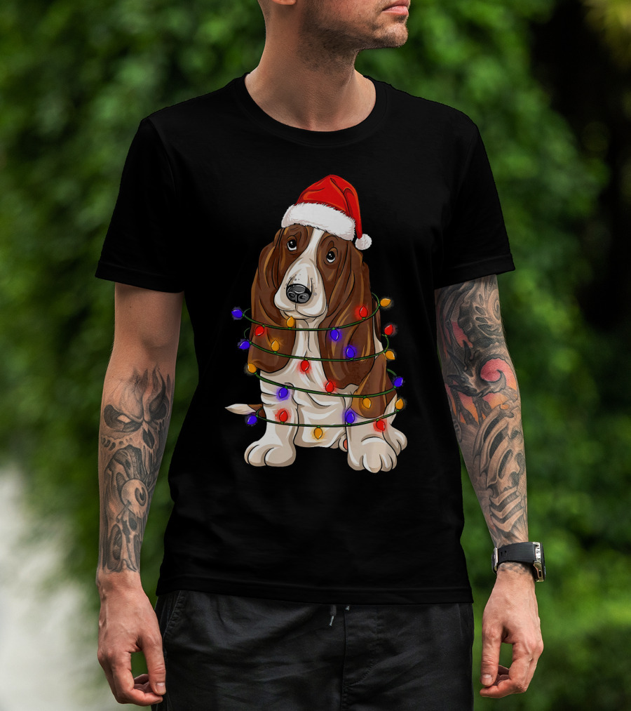 Basset Hound Santa Hat Wrapped In Christmas Lights T-Shirt