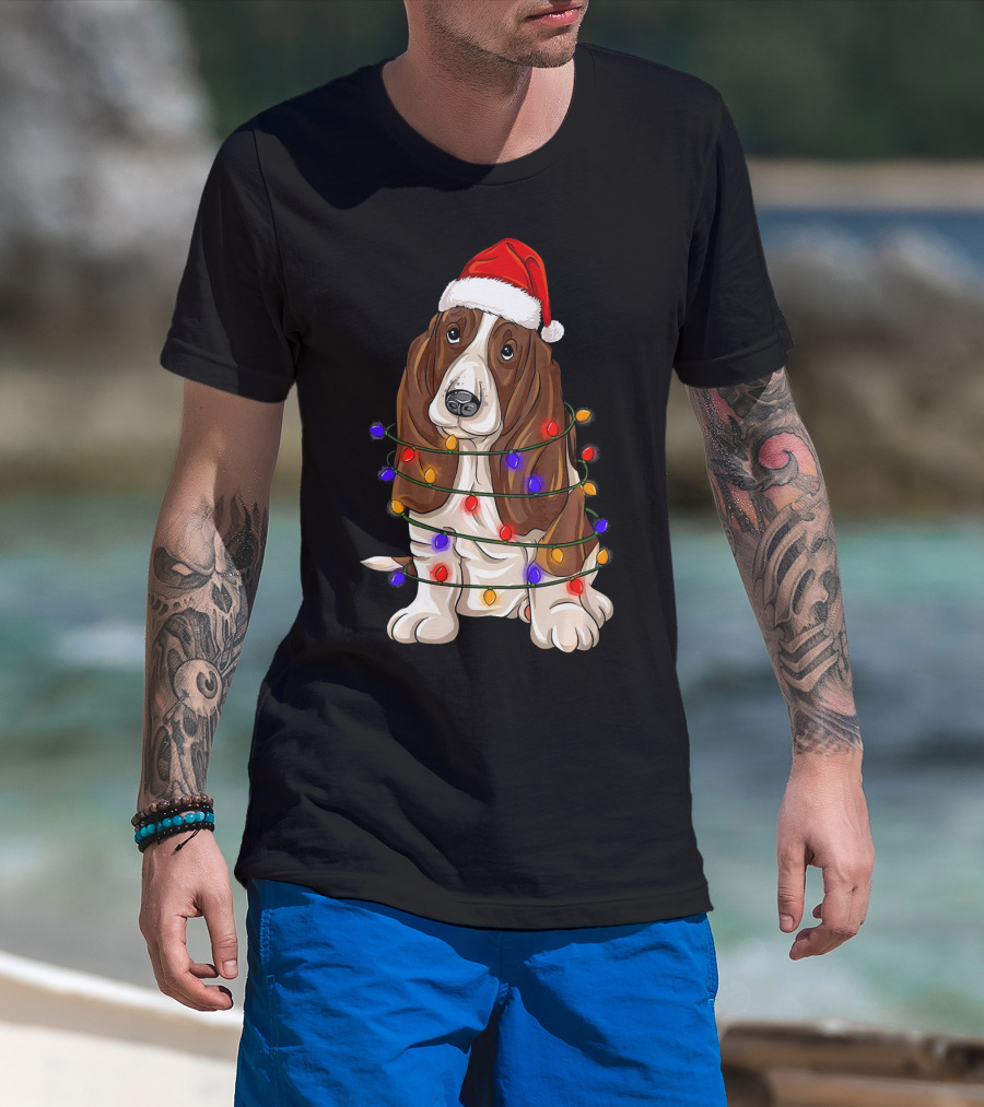 Basset Hound Santa Hat Wrapped In Christmas Lights T-Shirt