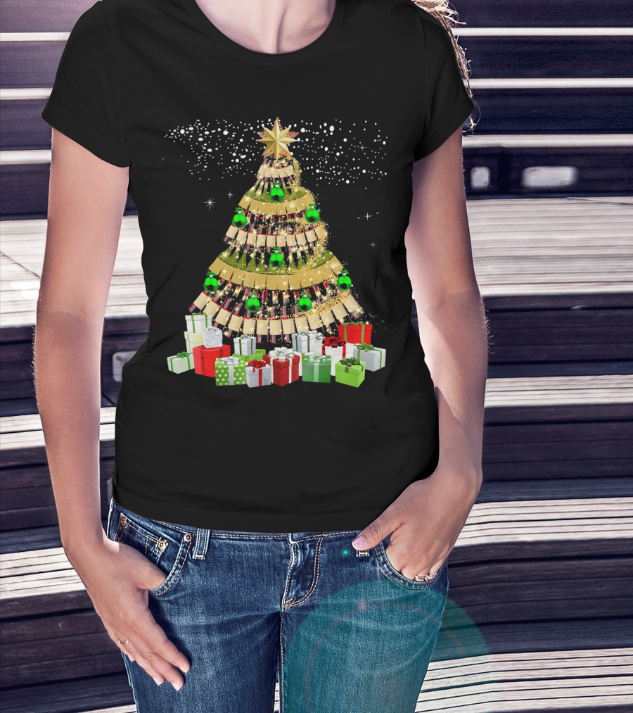 Wine Bottles Christmas Tree With Gifts Snowflakes And Ornaments T-Shirt
