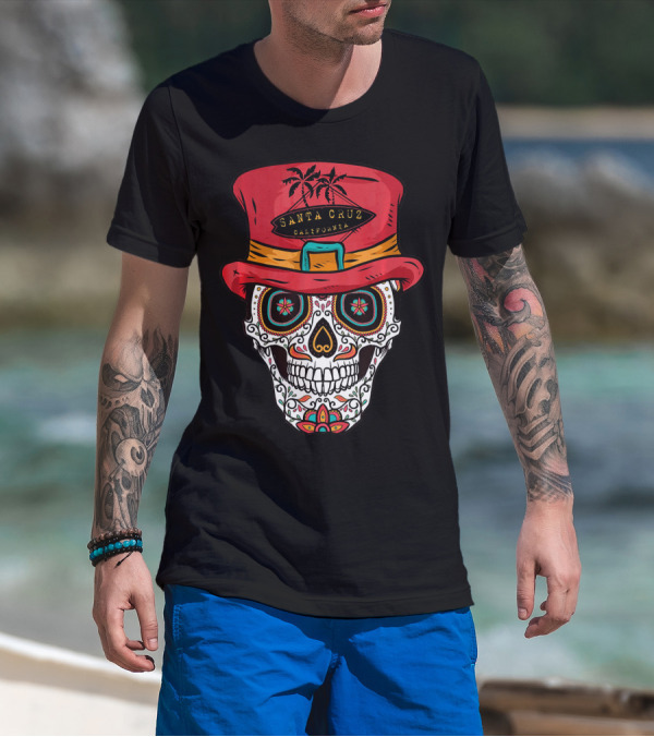 Santa Cruz California Sugar Skull Souvenir With Red Hat And Tropical Palm Trees T-Shirt
