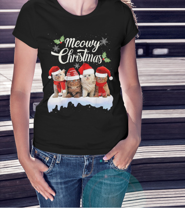Meowy Christmas Kitten Cat Kitty Snowflake Santa Hat Holly T-Shirt