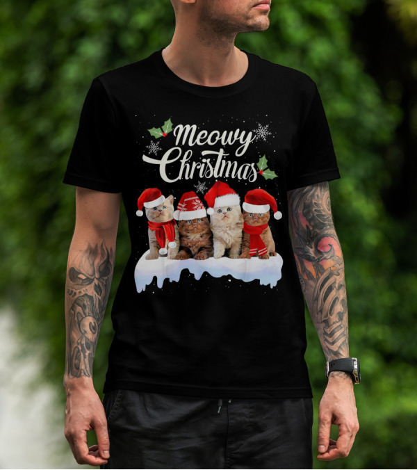 Meowy Christmas Kitten Cat Kitty Snowflake Santa Hat Holly T-Shirt