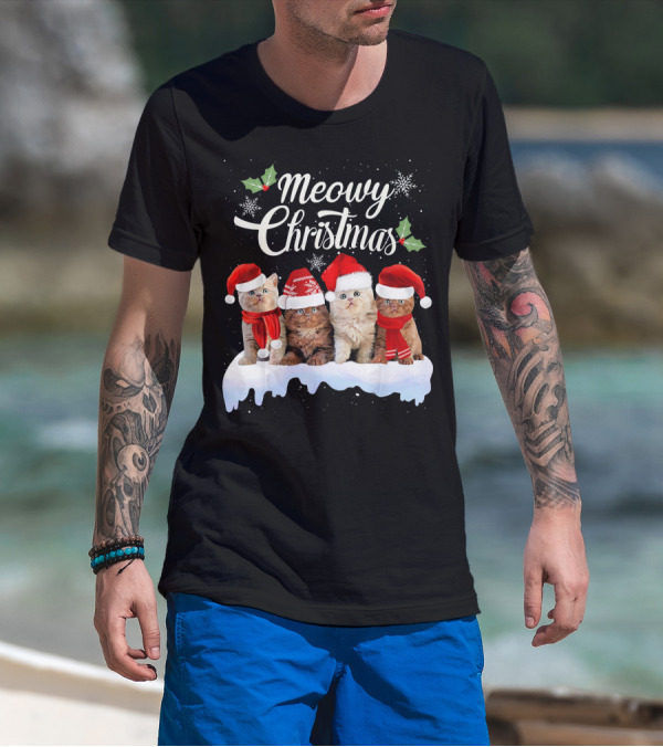 Meowy Christmas Kitten Cat Kitty Snowflake Santa Hat Holly T-Shirt