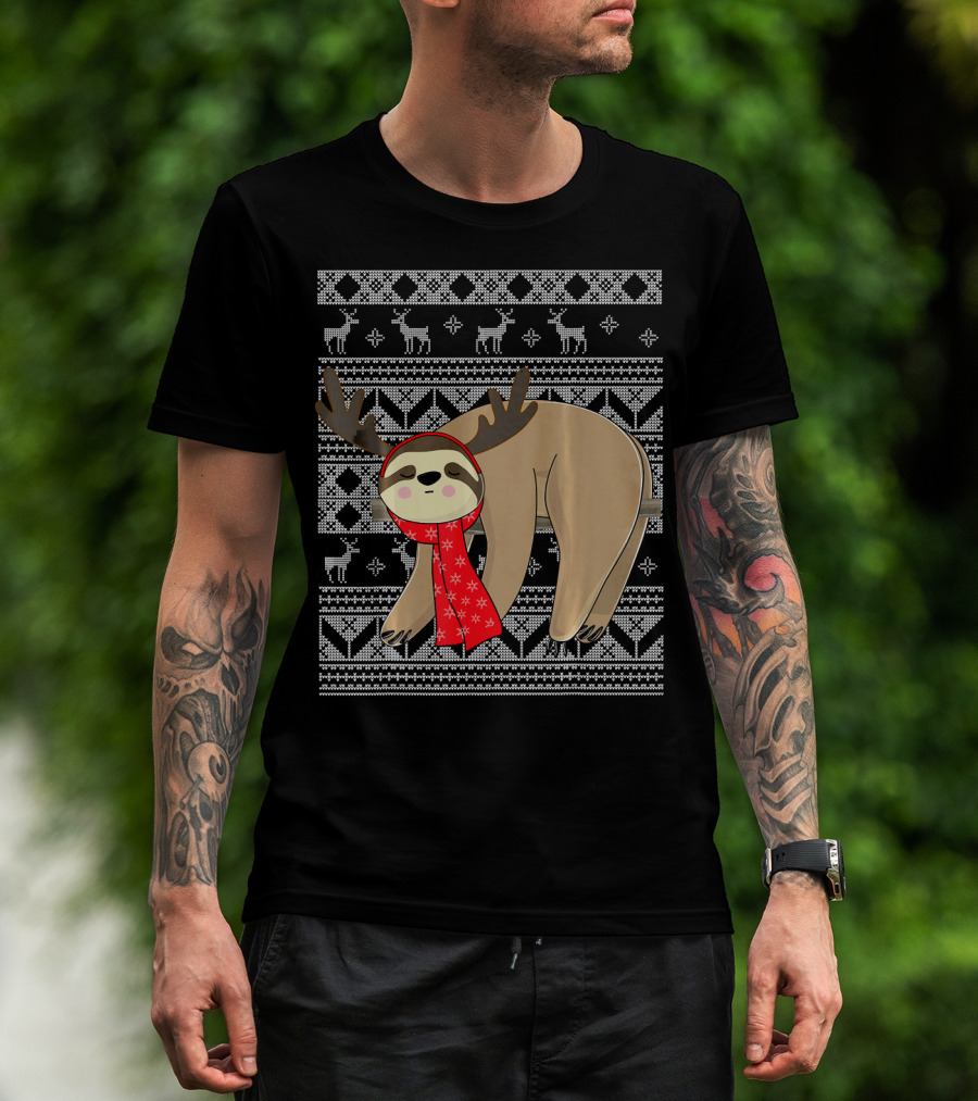 Ugly Christmas Sloth Reindeer Red Scarf Chris T-Shirt
