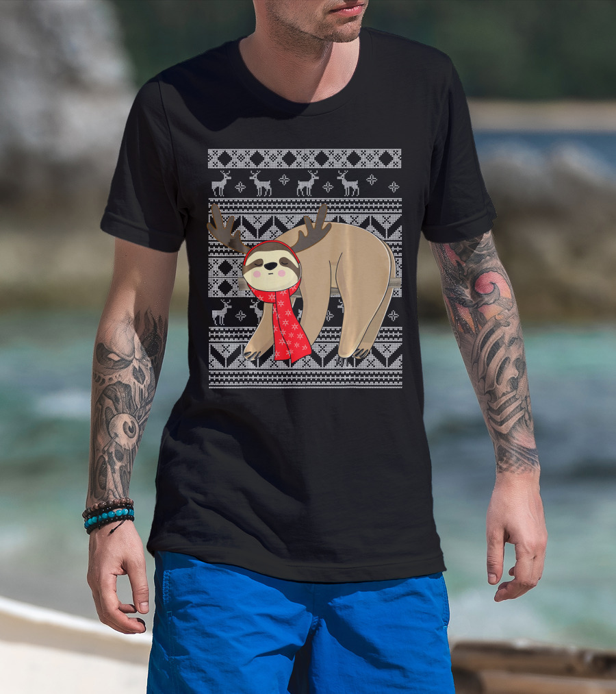 Ugly Christmas Sloth Reindeer Red Scarf Chris T-Shirt