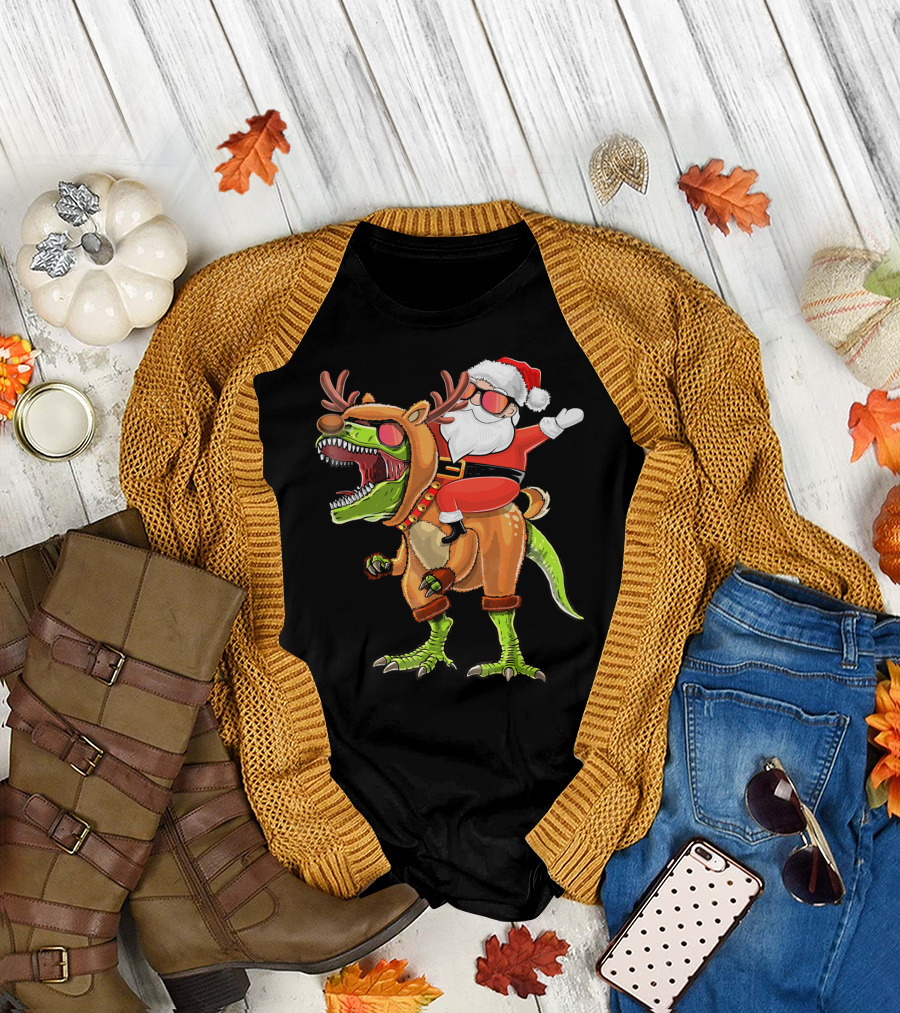 Santa Riding Reindeer Rex Dinosaur with Holiday Cheer T-Shirt