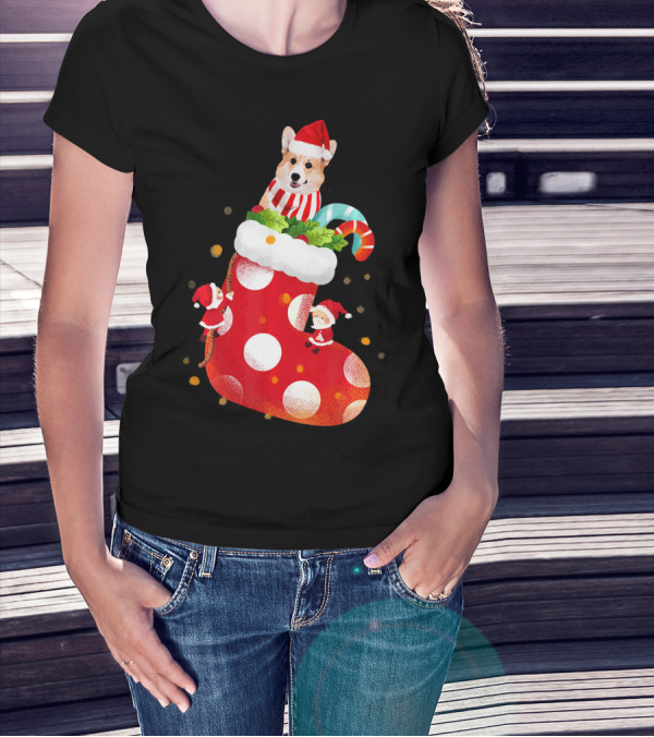 Christmas Corgi Dog In Santa Hat And Striped Scarf In Festive Stocking With Candy Cane T-Shirt