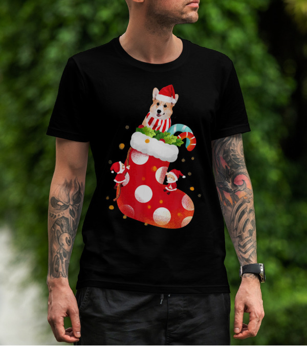 Christmas Corgi Dog In Santa Hat And Striped Scarf In Festive Stocking With Candy Cane T-Shirt