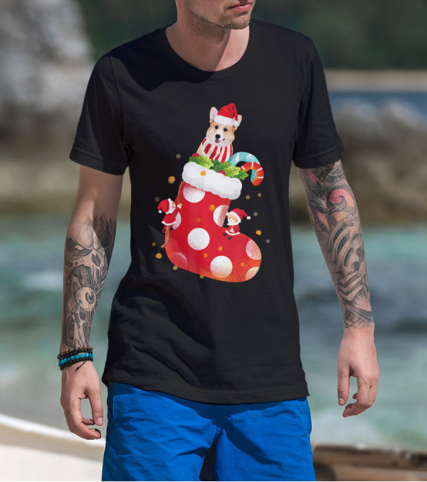 Christmas Corgi Dog In Santa Hat And Striped Scarf In Festive Stocking With Candy Cane T-Shirt