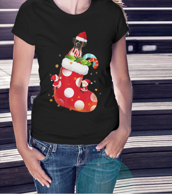 Christmas Boxer Dog Inside Santa Hat Sock With Candy Cane T-Shirt