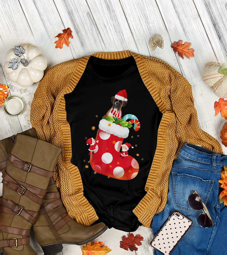 Christmas Boxer Dog Inside Santa Hat Sock with Candy Cane T-Shirt