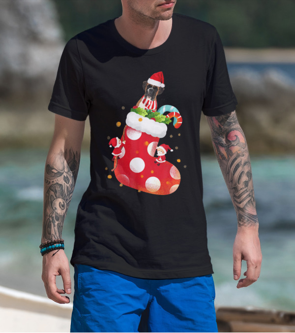 Christmas Boxer Dog Inside Santa Hat Sock With Candy Cane T-Shirt