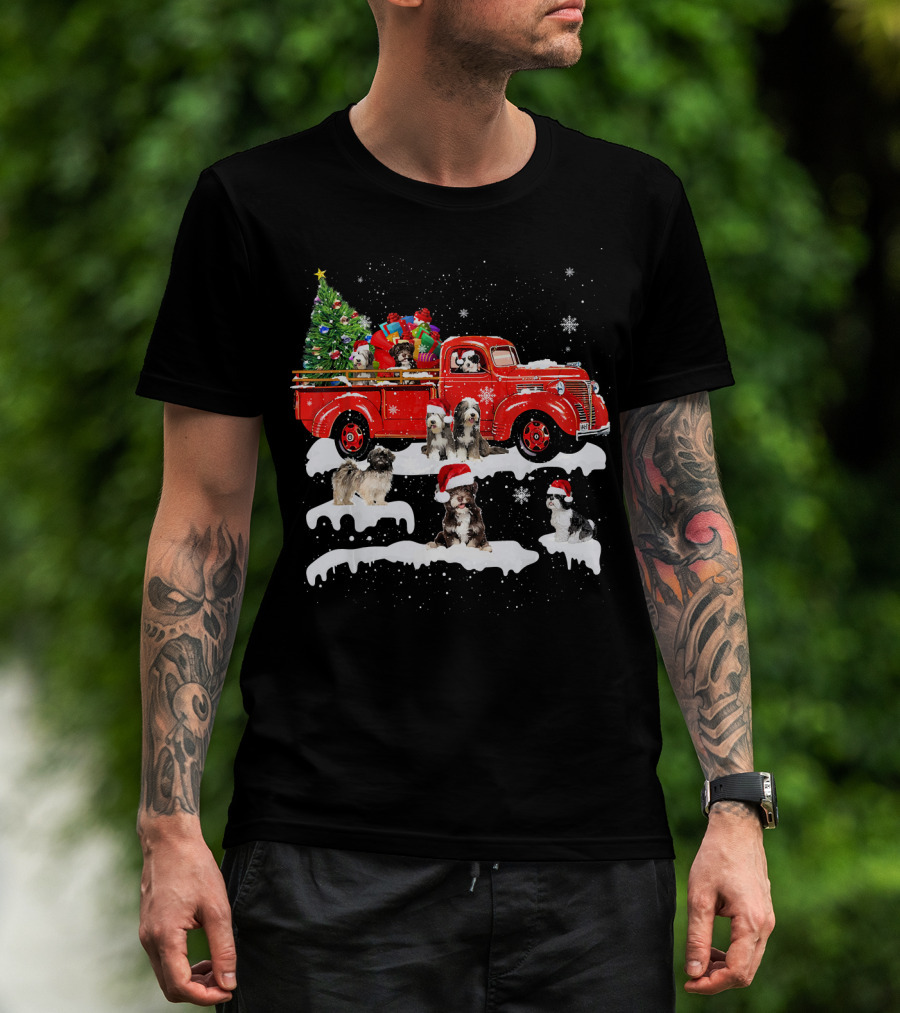 Tibetan Terrier Santa Hats Riding Red Truck With Christmas Tree And Gifts Snowflakes T-Shirt
