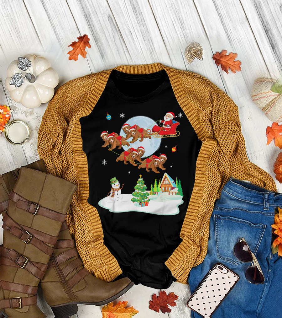 Santa Claus Sleigh with Bears and Snowman by Moonlit Cabin Noel T-Shirt