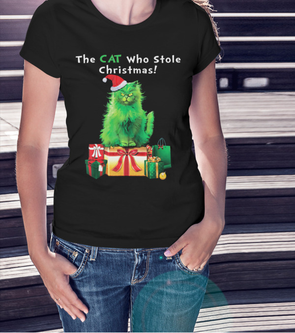 The CAT Who Stole Christmas Holiday Purr With Santa Hat And Gifts T-Shirt
