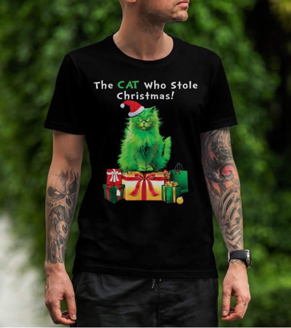 The CAT Who Stole Christmas Holiday Purr With Santa Hat And Gifts T-Shirt