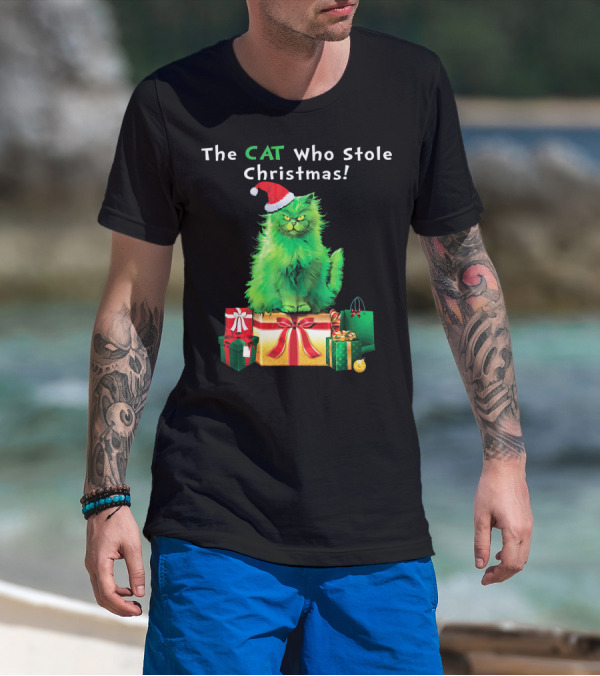 The CAT Who Stole Christmas Holiday Purr With Santa Hat And Gifts T-Shirt