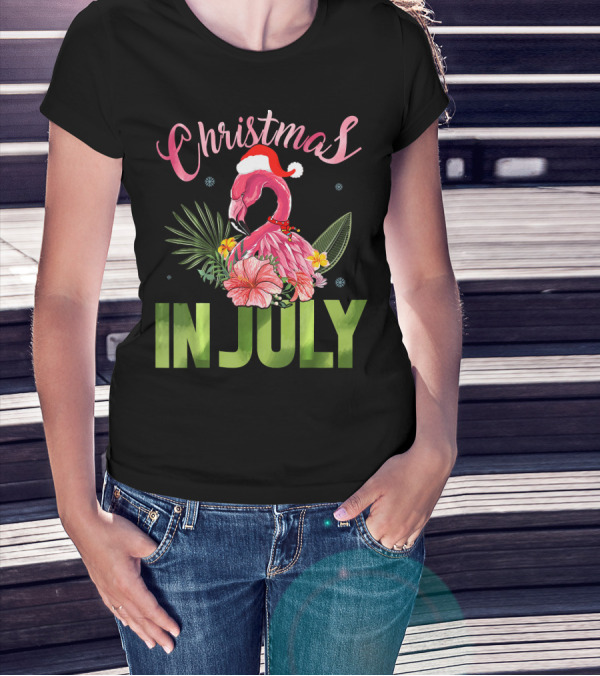 Christmas In July Cute Santa Hat Flamingo Summer T-Shirt