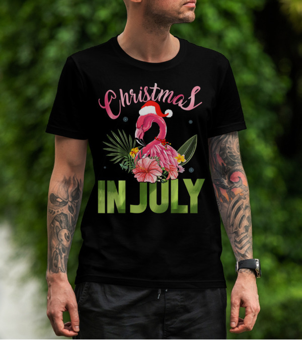 Christmas In July Cute Santa Hat Flamingo Summer T-Shirt