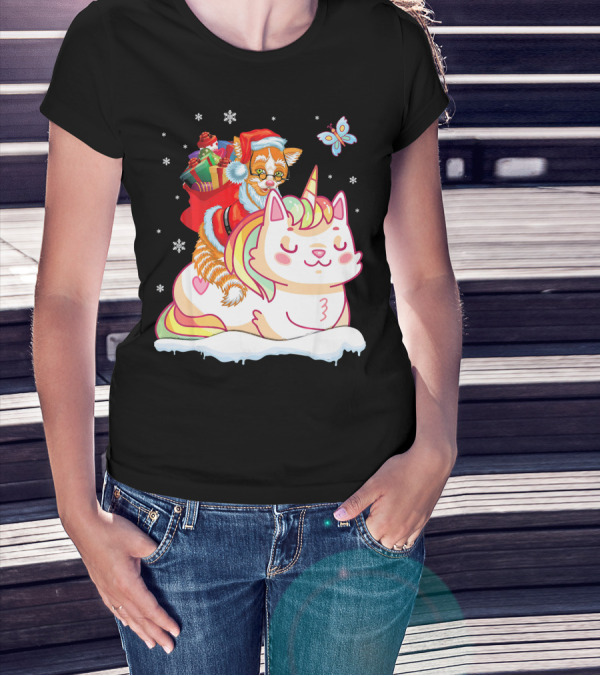Santa Cat Riding Unicorn With Christmas Presents And Butterfly T-Shirt