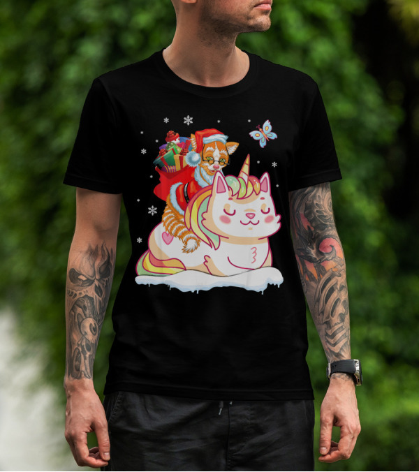 Santa Cat Riding Unicorn With Christmas Presents And Butterfly T-Shirt