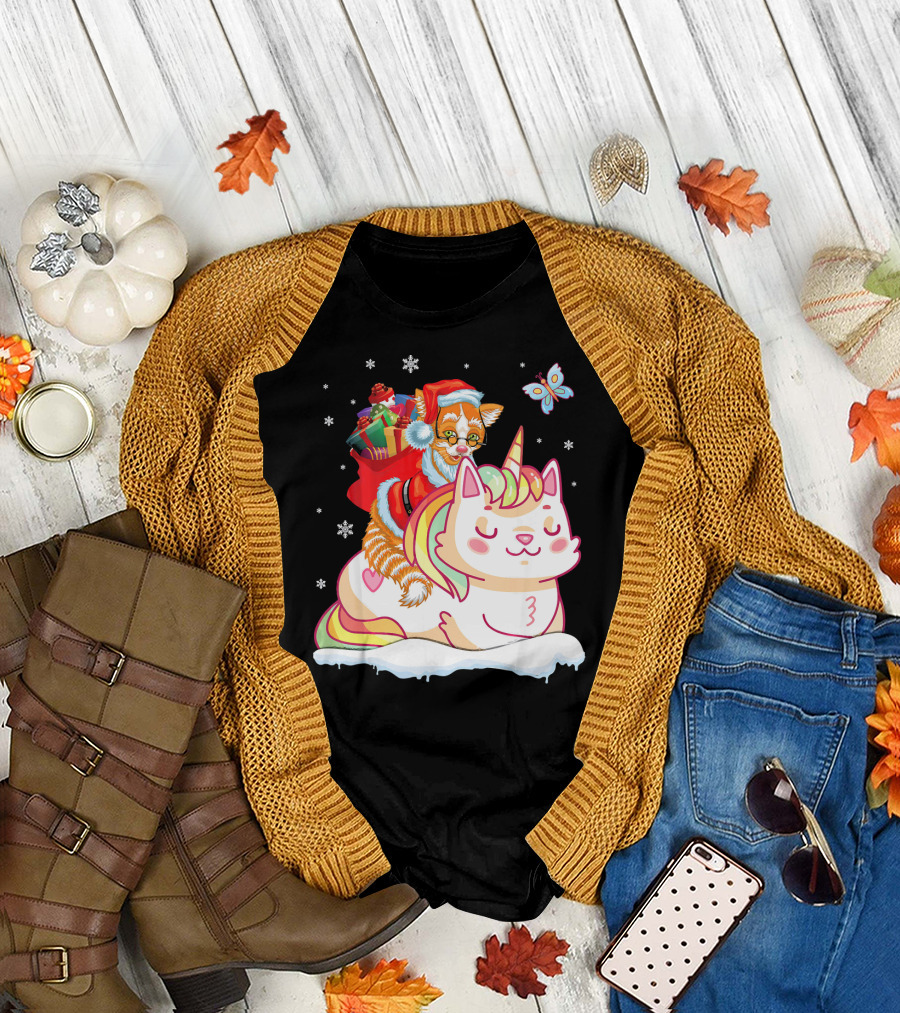Santa Cat Riding Unicorn with Christmas Presents and Butterfly T-Shirt