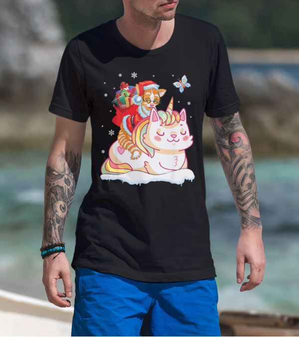 Santa Cat Riding Unicorn With Christmas Presents And Butterfly T-Shirt
