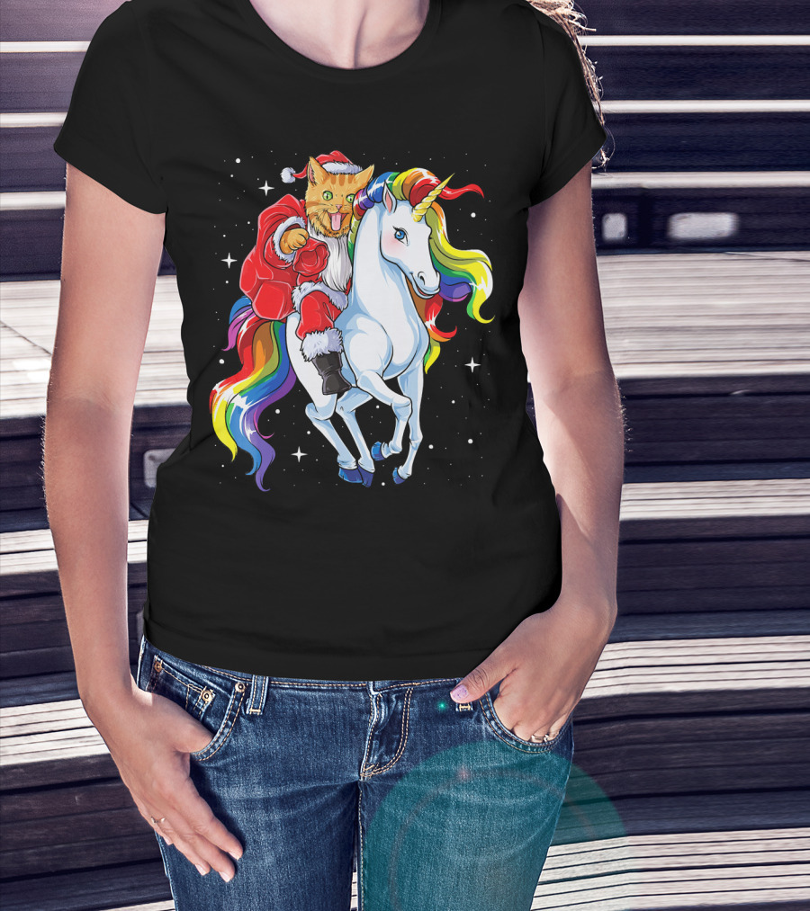 Cat Santa Riding Rainbow Unicorn Christmas Girl T-Shirt