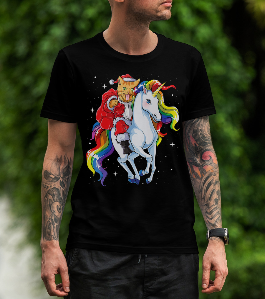 Cat Santa Riding Rainbow Unicorn Christmas Girl T-Shirt