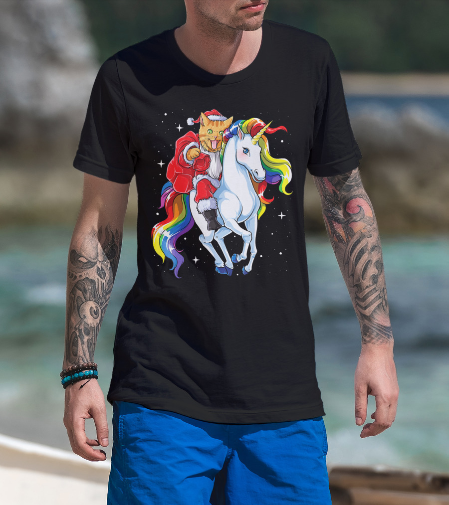 Cat Santa Riding Rainbow Unicorn Christmas Girl T-Shirt