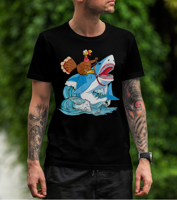 Dabbing Turkey Riding Great White Shark Waves T-Shirt