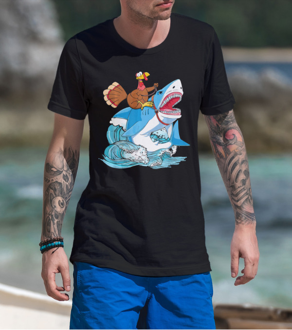 Dabbing Turkey Riding Great White Shark Waves T-Shirt