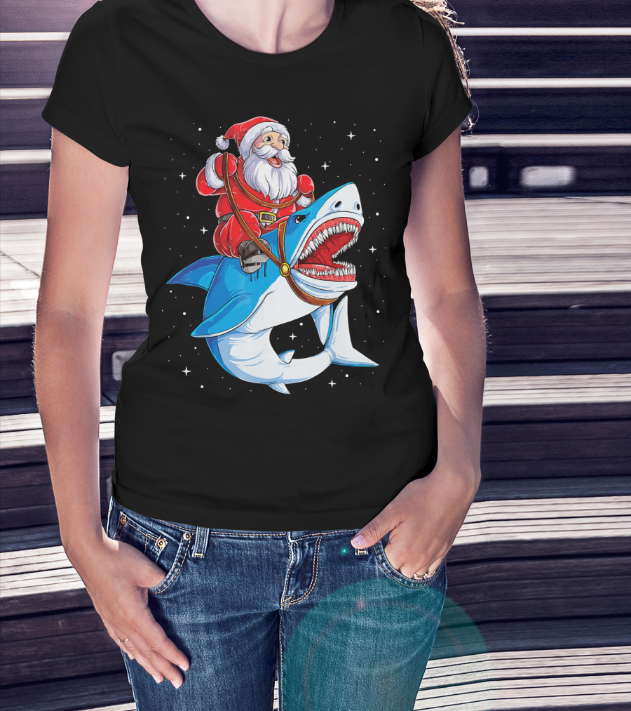 Santa Riding Shark Christmas Boys Santa Shark T-Shirt