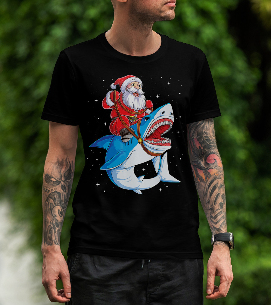 Santa Riding Shark Christmas Boys Santa Shark T-Shirt